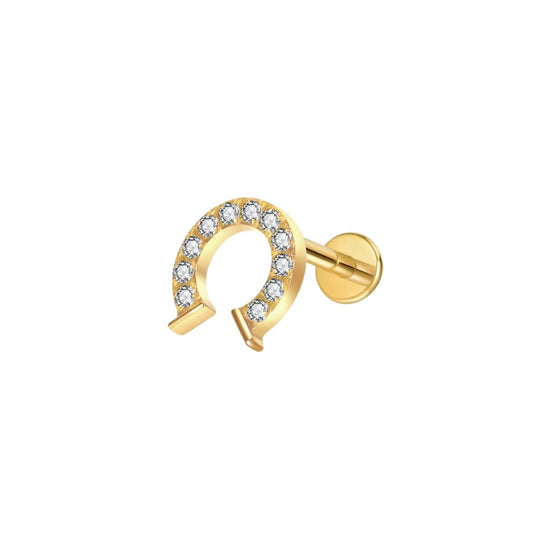 Gold horseshoe labret stud earring with clear stones shown on a white background. this earring is suitable for a variety of ear piercing placements 