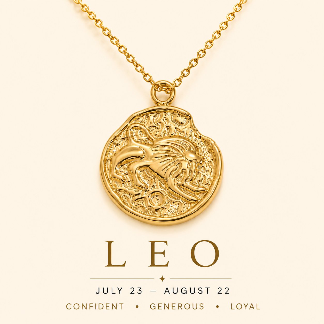Gold Leo zodiac pendant necklace on a beige background