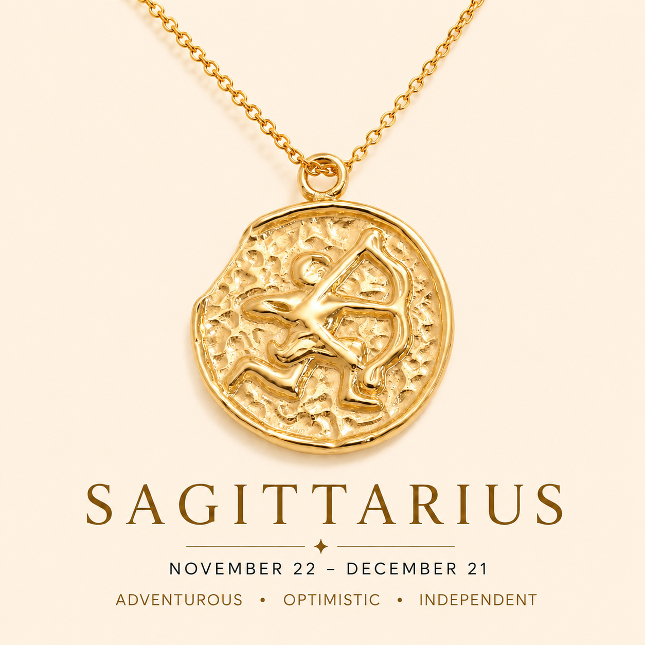 Gold Sagittarius zodiac pendant necklace on a beige background
