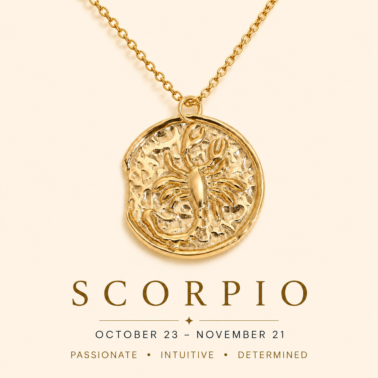 Gold Scorpio zodiac necklace on a beige background
