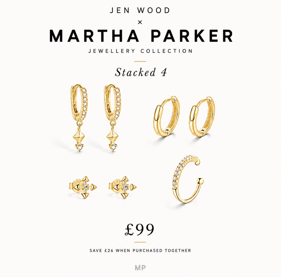 Jen Wood x Martha Parker Jewellery Collection 'Stacked 4' set featuring five gold-toned stacked earrings and matching stud earrings with clear crystals, displayed on a clean off-white background with promotional text and a price of £99.