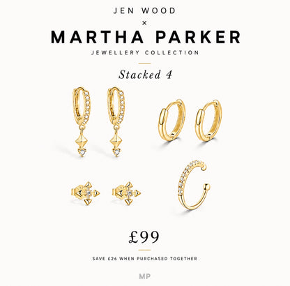 Jen Wood x Martha Parker Jewellery Collection 'Stacked 4' set featuring five gold-toned stacked earrings and matching stud earrings with clear crystals, displayed on a clean off-white background with promotional text and a price of £99.