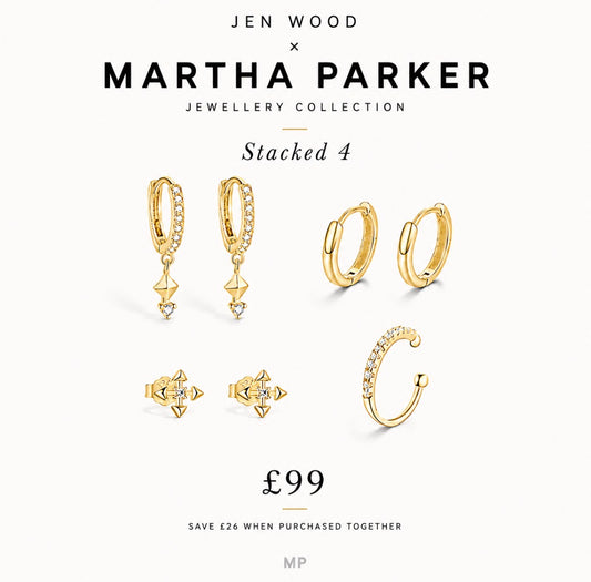 Jen Wood x Martha Parker Jewellery Collection 'Stacked 4' set featuring five gold-toned stacked earrings and matching stud earrings with clear crystals, displayed on a clean off-white background with promotional text and a price of £99.