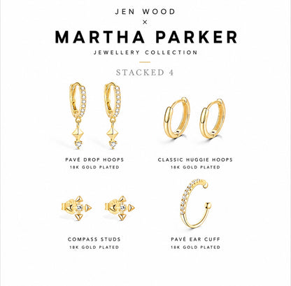 A product display card for the 'Jen Wood x Martha Parker Jewellery Collection' featuring five pairs of gold-plated earrings: Pavé Drop Hoops, Classic Huggie Hoops, Compass Studs, Pavé Ear Cuff, and Stacked 4. The earrings are arranged on a clean white background with black text labels underneath each piece.