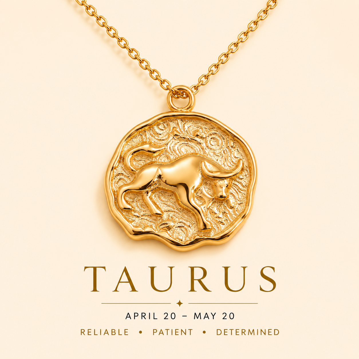 Gold Taurus zodiac pendant necklace on a beige background