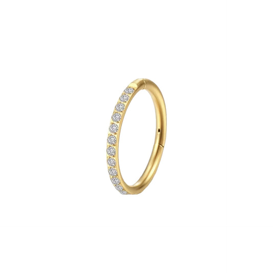 up close photo of gold titanium clicker hoop earring 