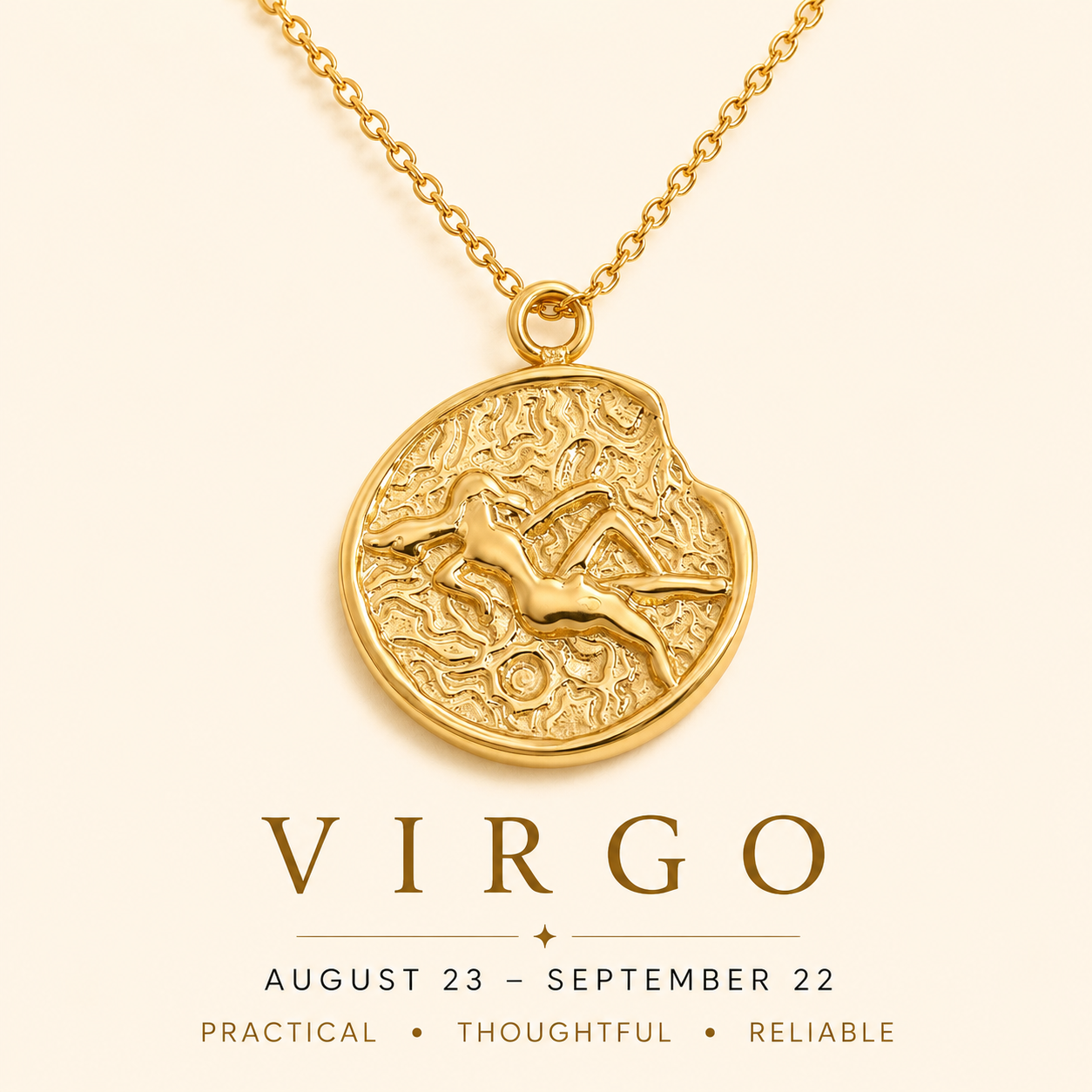 Gold Virgo necklace on a beige background with zodiac details