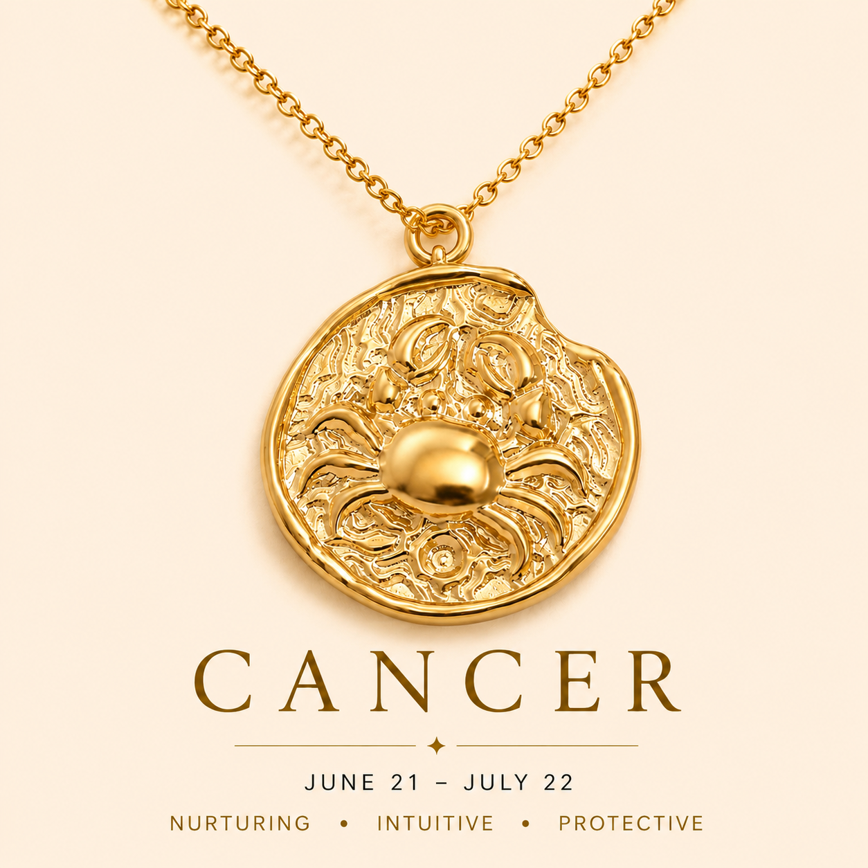 Gold Cancer zodiac pendant necklace on a beige background