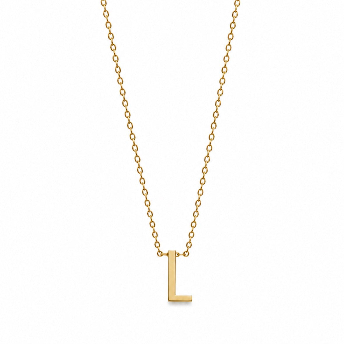 A delicate gold chain necklace featuring a polished, minimalist letter 'L' pendant, presented on a clean white background.