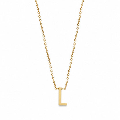 A delicate gold chain necklace featuring a polished, minimalist letter 'L' pendant, presented on a clean white background.