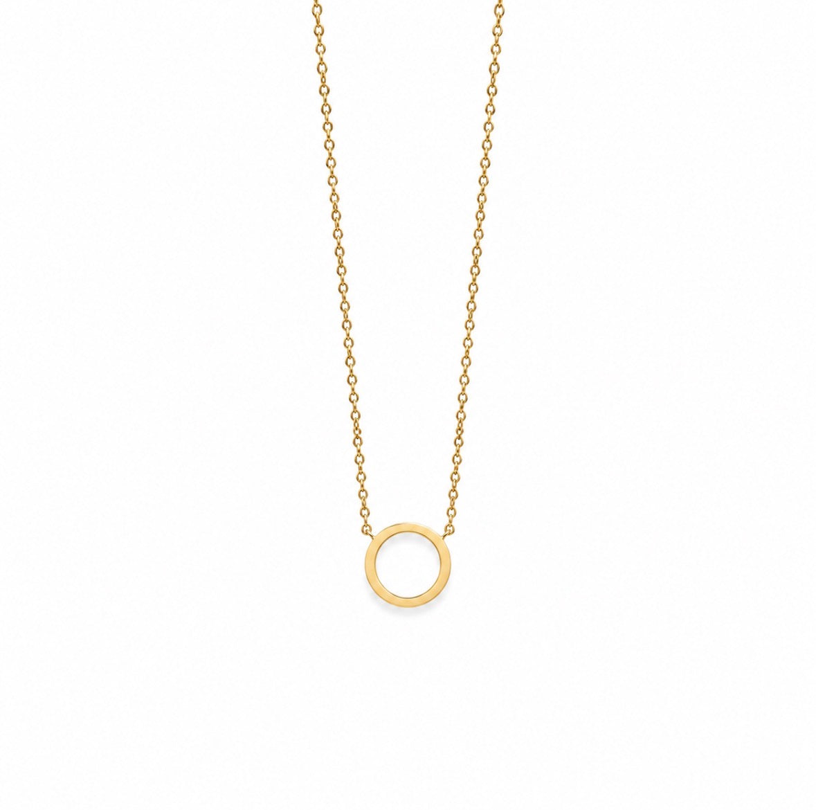A delicate gold chain necklace with a minimalist, polished open circular pendant, displayed against a solid white background.