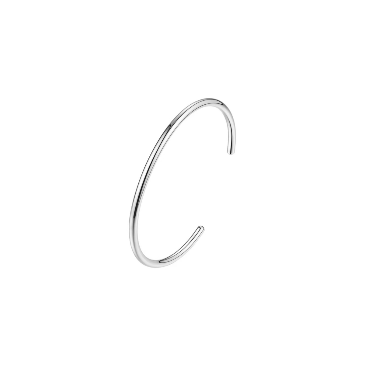 A minimalist, polished silver-tone metal cuff earring with an open circular design, shown on a solid white background.