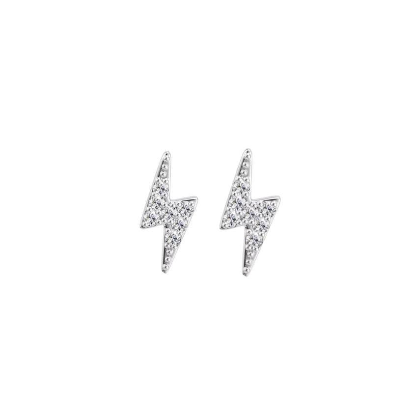 Pair of silver lightning bolt earrings on a white background