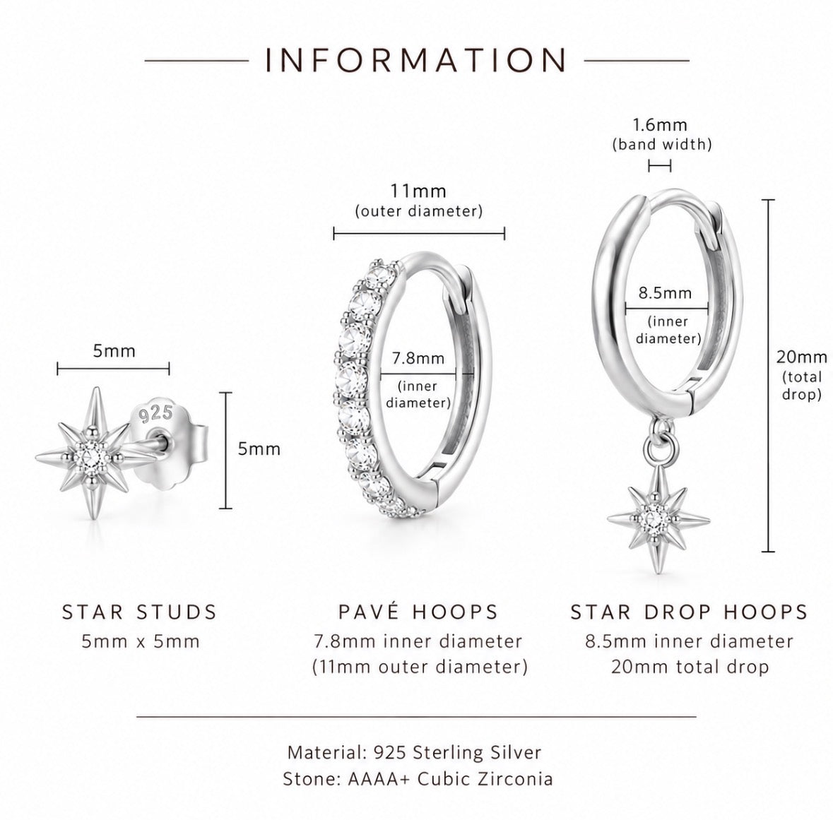 Information diagram showing three silver hoop and stud earring styles with measurements and labels: Star Studs, Pavé Hoops, and Star Drop Hoops. The image includes dimensions, material notes (925 Sterling Silver, AAAA+Cubic Zirconia), and a clean white background.