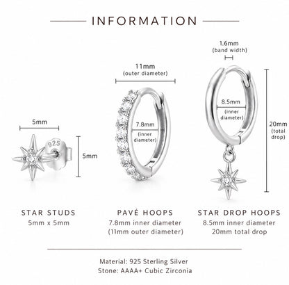 Information diagram showing three silver hoop and stud earring styles with measurements and labels: Star Studs, Pavé Hoops, and Star Drop Hoops. The image includes dimensions, material notes (925 Sterling Silver, AAAA+Cubic Zirconia), and a clean white background.