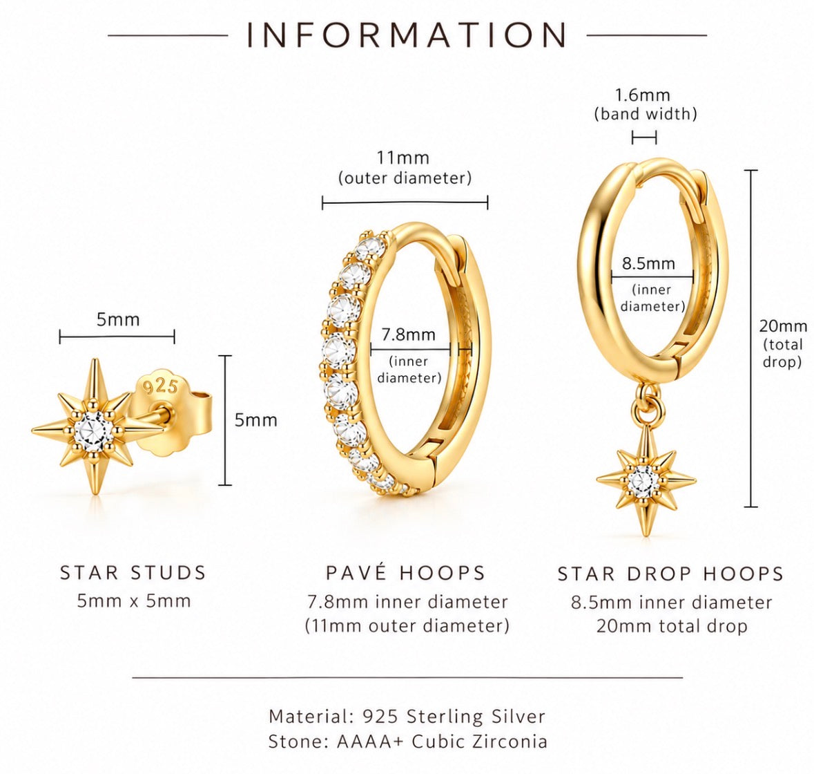 An informational product graphic showing three gold-toned earrings with dimension callouts: star studs, pavé hoops, and star drop hoops, with text listing material as 925 sterling silver and stone as AAAA cubic zirconia.
