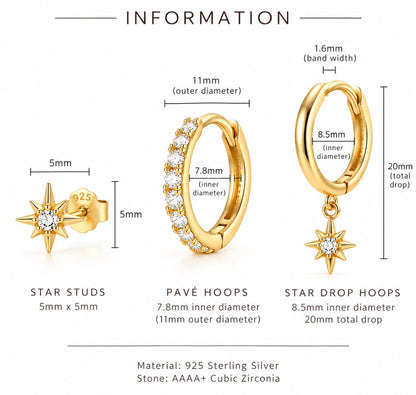 An informational product graphic showing three gold-toned earrings with dimension callouts: star studs, pavé hoops, and star drop hoops, with text listing material as 925 sterling silver and stone as AAAA cubic zirconia.