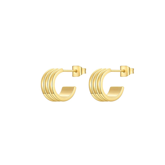 A pair of gold hoop earrings with a multi-strand curved design and flat post backs, shown on a plain white background.