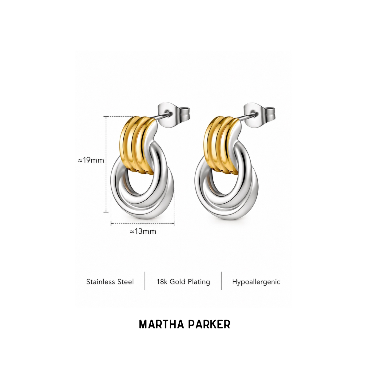 A pair of silver-toned hoop earrings with three twisted gold-toned hoops on each earring, shown on a white background with dimension lines indicating approximately 19mm height and 13mm width. Text below reads 'Stainless Steel | 18k Gold Plating | Hypoallergenic' and 'MARTHA PARKER'.