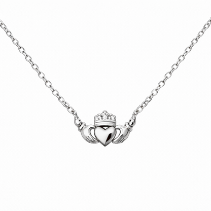 close up detail of silver claddagh necklace. in tarnish free stainless steel on a 45cm chain representing love, loyalty and friendship