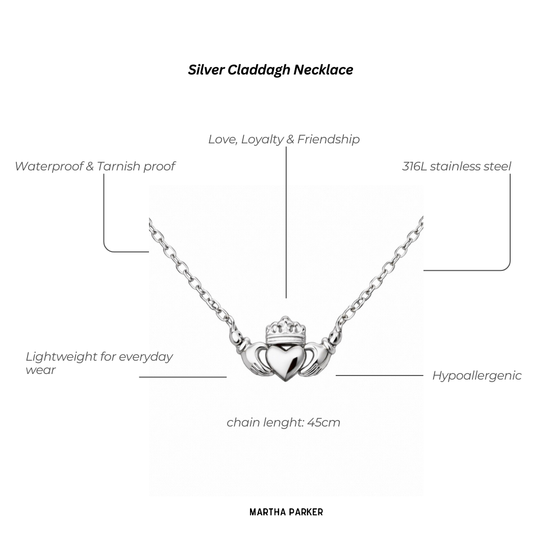 Silver Claddagh necklace with features listed on a white background