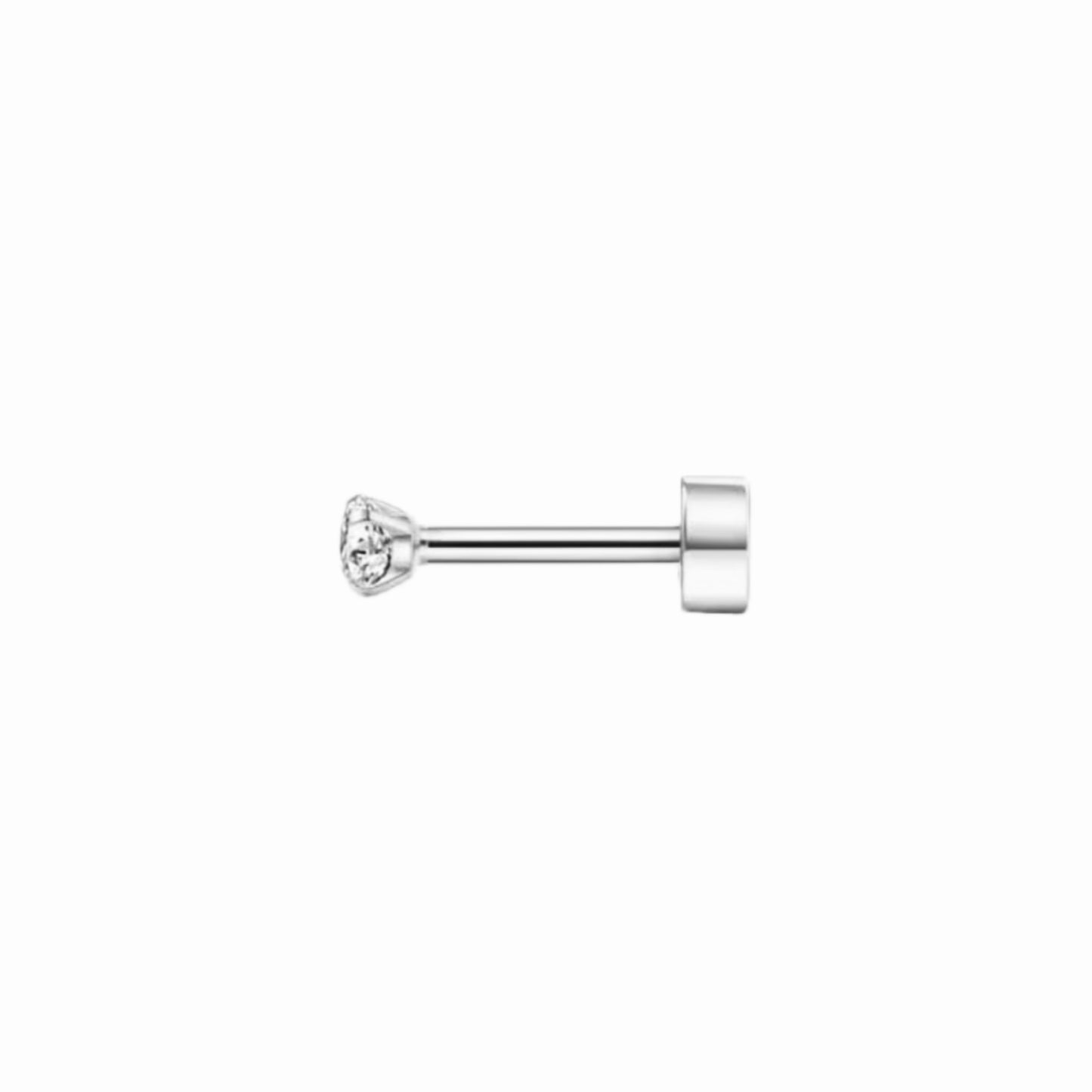 A single silver-colored flat back stud earring with a 2mm cubic zirconia stone on a white background.