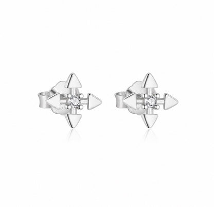 A pair of silver stud earrings featuring a central clear gemstone surrounded by four small pyramid-shaped silver accents, shown on a plain white background.