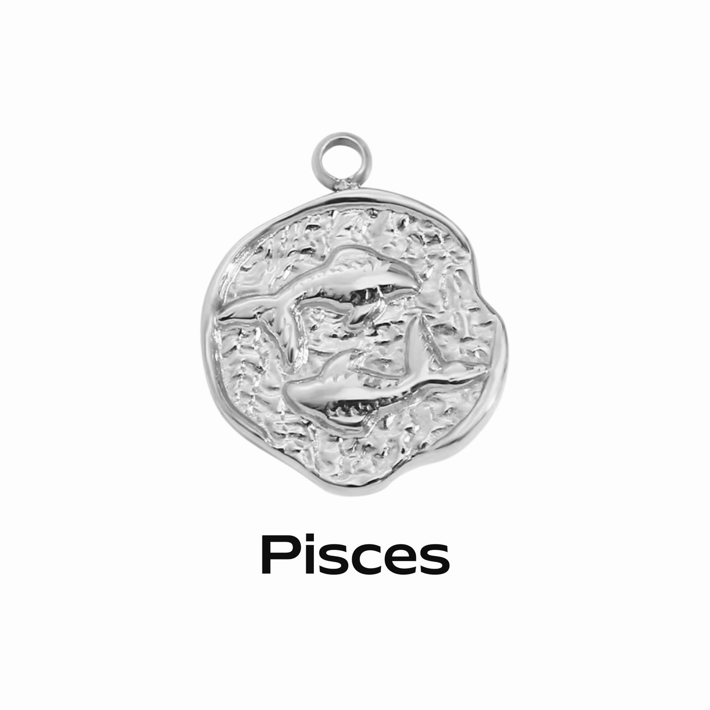 A silver coin-shaped pendant necklace with an engraved zodiac symbol, labeled 'Aquarius', indicating the 12th sign of the zodiac.