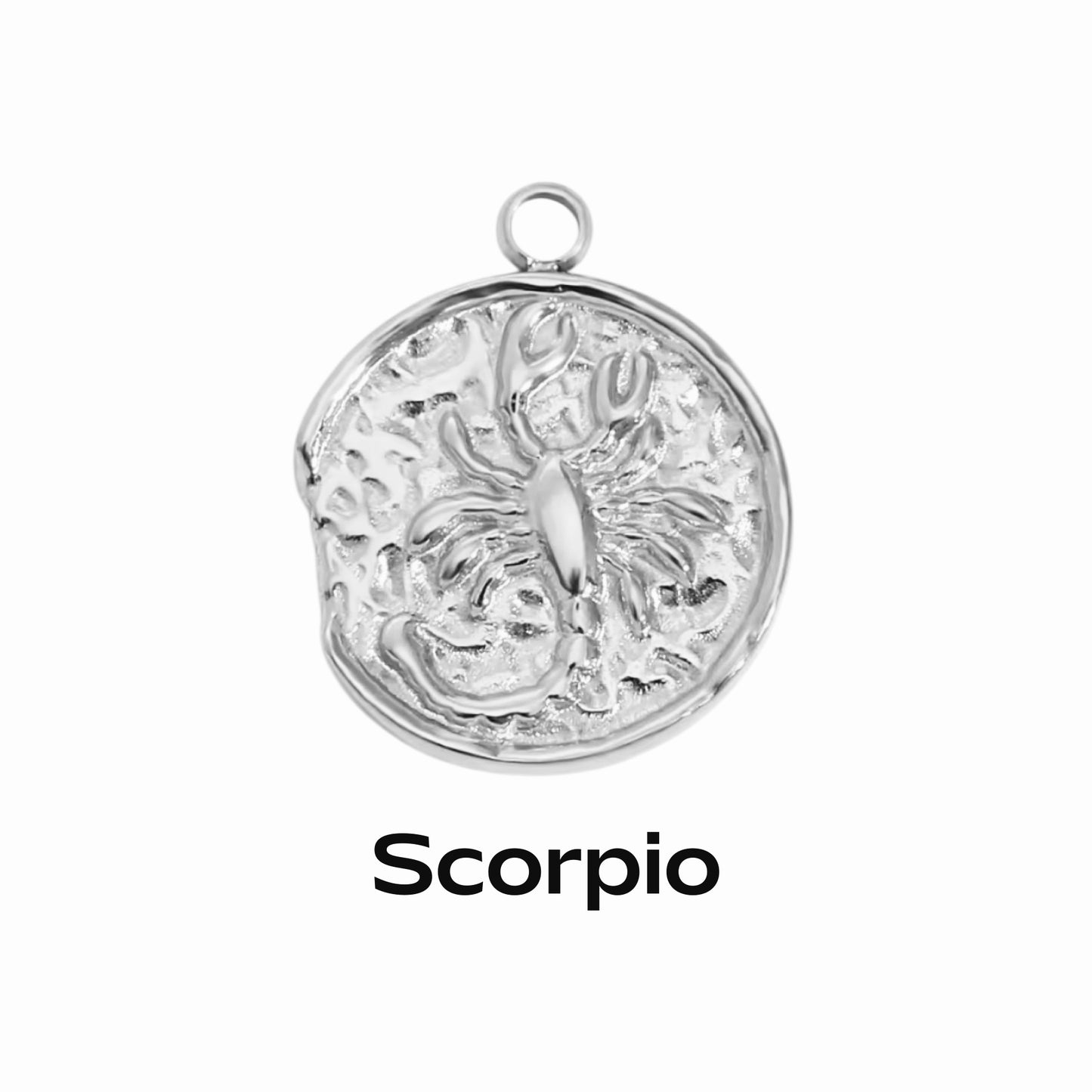 A silver coin-shaped pendant necklace with an engraved zodiac symbol.