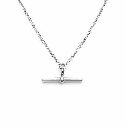 Silver necklace with a bar pendant on a white background