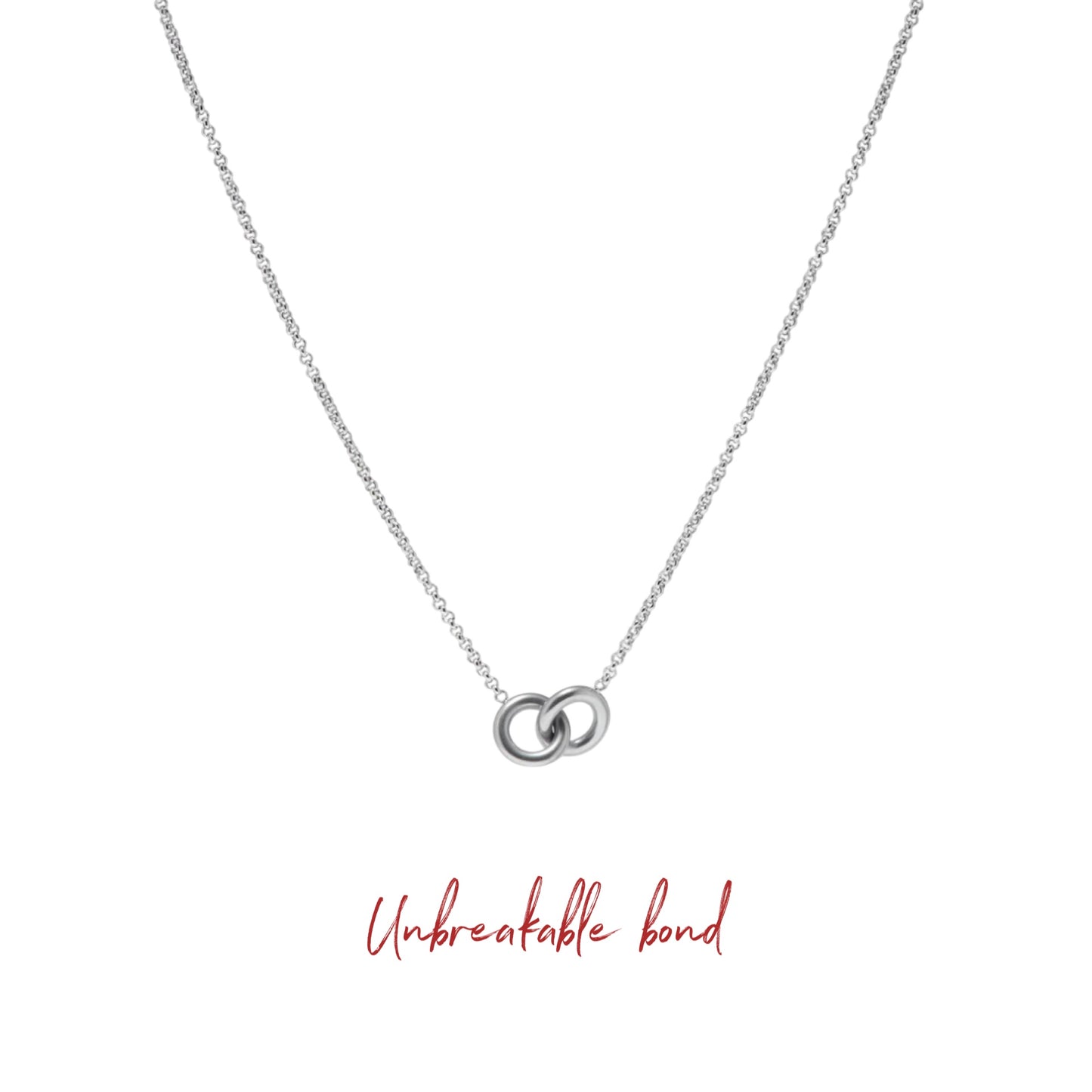 Silver necklace with interlocking rings on a white background with 'Unbreakable bond' text.