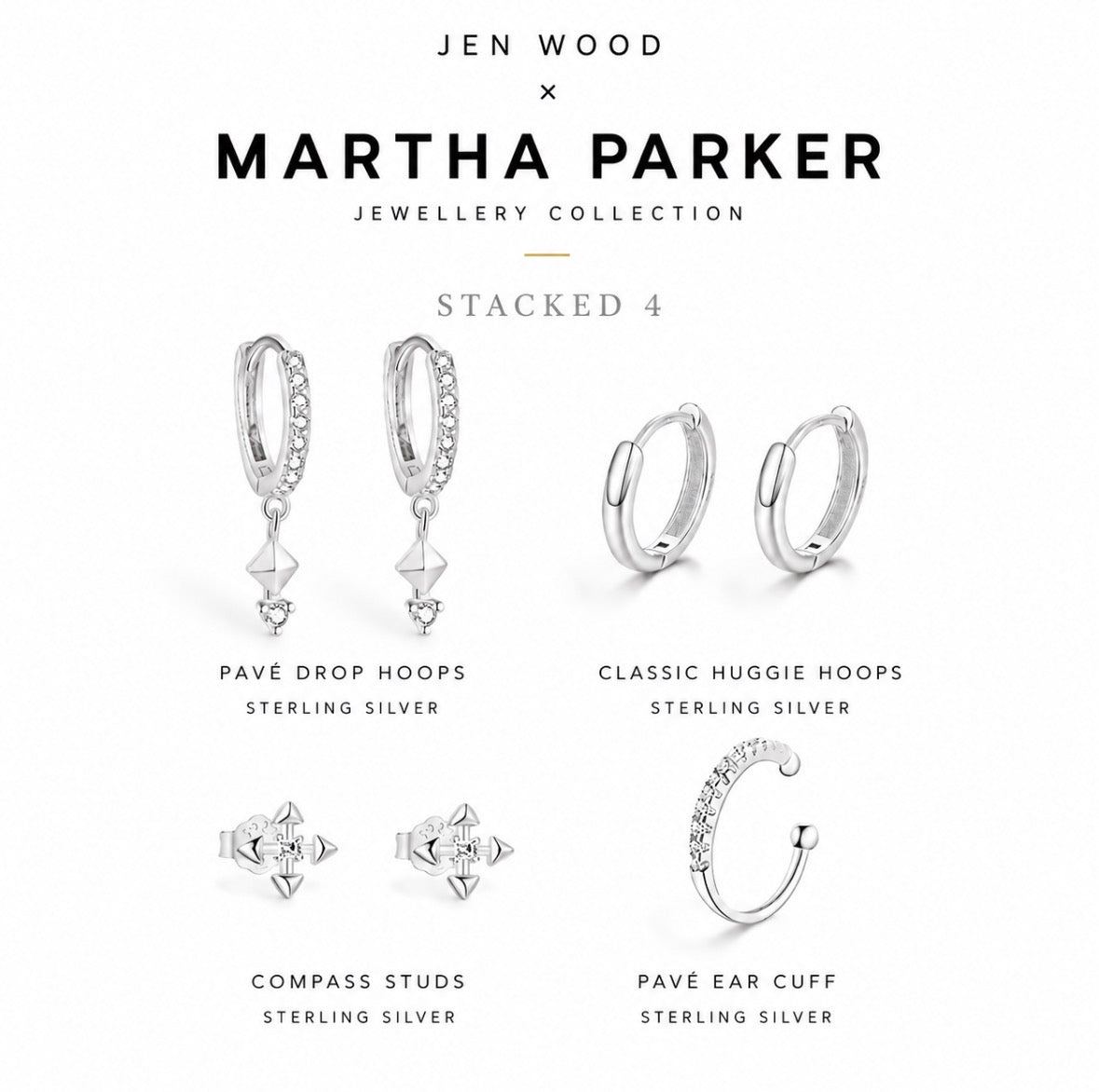 A product collage on a white background showing sterling silver jewelry from the Jen Wood x Martha Parker Jewellery Collection, labeled 'Stacked 4'. The items include Pave Drop Hoops, Classic Huggie Hoops, Compass Studs, and Pave Ear Cuff, all in silver with clear stones.