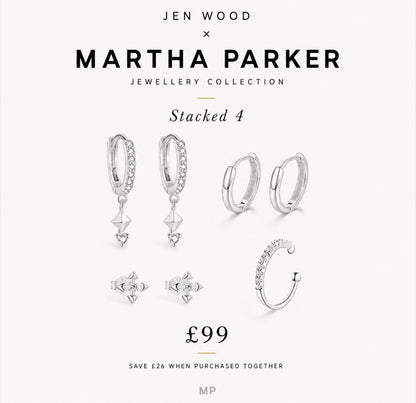 A promotional product graphic for stacked silver hoop and stud earrings from the Jen Wood x Martha Parker Jewellery Collection. The set includes three hoop styles, two small diamond-studded studs, and one C-shaped hoop, shown on a light gray background with text reading 'Stacked 4' and a price of £99.