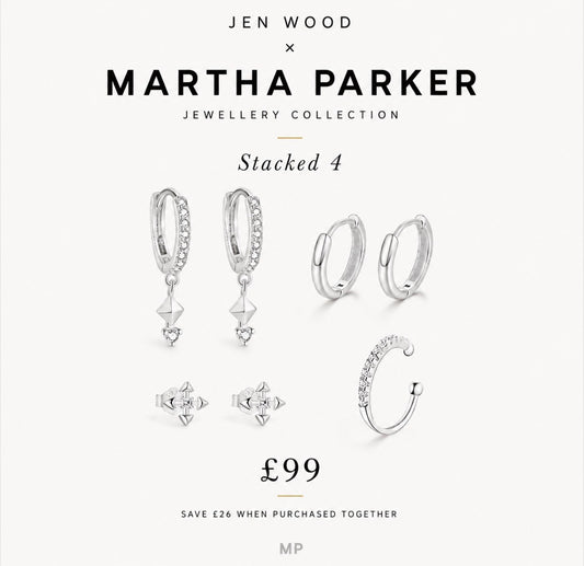 A promotional product graphic for stacked silver hoop and stud earrings from the Jen Wood x Martha Parker Jewellery Collection. The set includes three hoop styles, two small diamond-studded studs, and one C-shaped hoop, shown on a light gray background with text reading 'Stacked 4' and a price of £99.