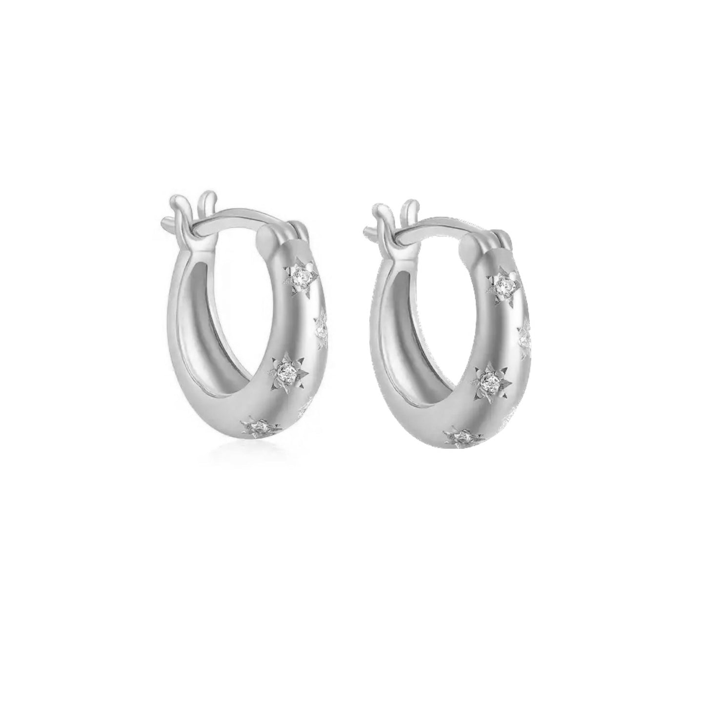 sterling silver mini dome hoops with stars engraved with small cz stones 
