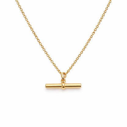 Gold necklace with a bar pendant on a white background