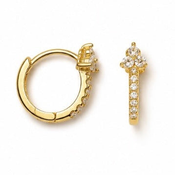 A pair of gold hoop earrings with small clear stones, shown on a plain white background. One earring is shown in profile, and the other is shown from the front.