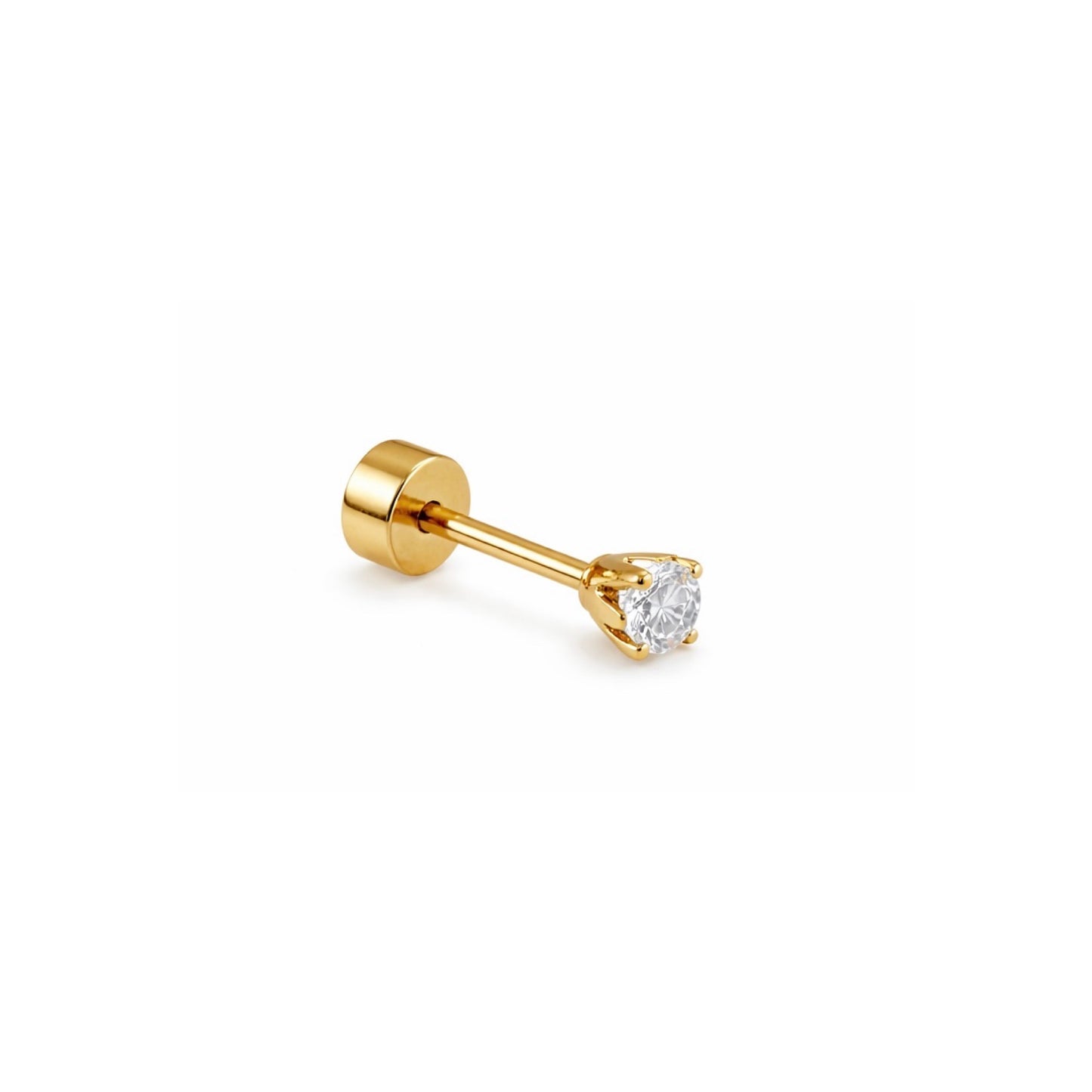 Gold single white clear stone earring on a white background