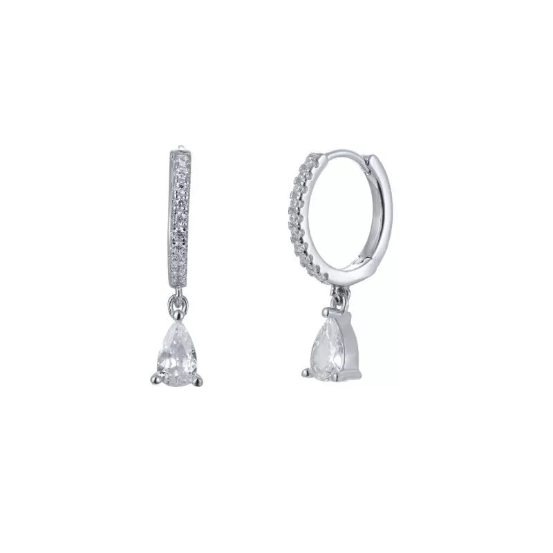 A pair of silver drop earrings with cubic zirconia accents, featuring a circular hoop design with a small pear  stone drop 