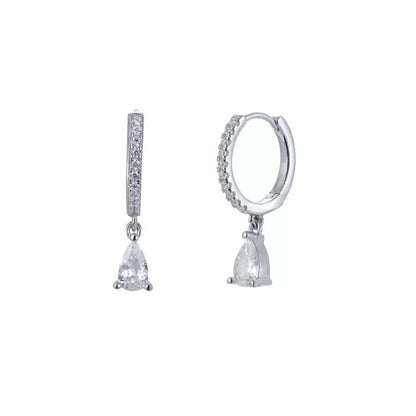A pair of silver drop earrings with cubic zirconia accents, featuring a circular hoop design with a small pear  stone drop 