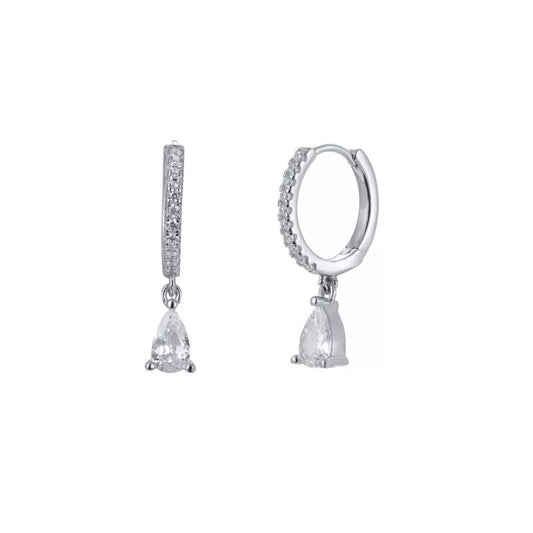 A pair of silver drop earrings with cubic zirconia accents, featuring a circular hoop design with a small pear  stone drop 